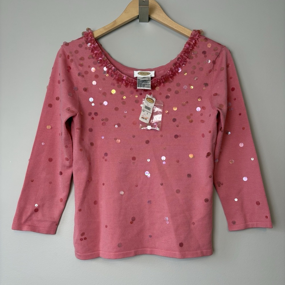 New Vtg Y2K Talbots Sz S Silk Blend Pink Embellished Sweater Barbiecore Sequins